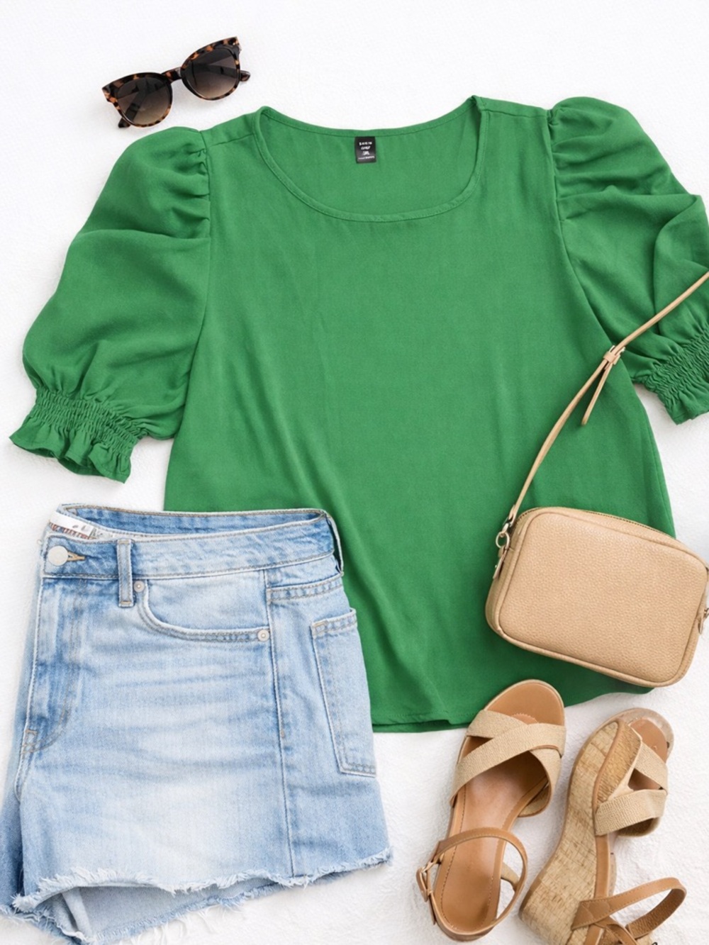 Green Puff Sleeve Blouse Size 2XL Casual Top
